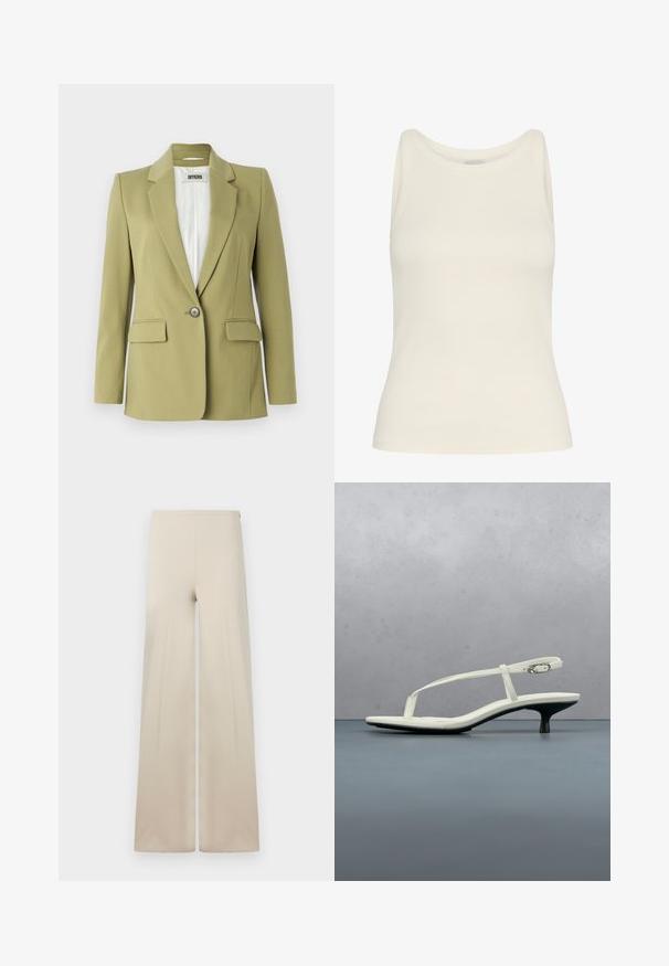 Blazer de color verde oliva hecho de una tela suave, con cierre de un solo botón, solapas con muesca y dos bolsillos frontales.; Camiseta sin mangas de color crema hecha de tela acanalada, con escote redondo y diseño sin mangas, con un corte ajustado y textura suave.; Pantalones anchos beige fabricados con una tela suave y de textura lisa. Cuentan con una cintura elástica alta para mayor comodidad y un diseño limpio y minimalista.; Sandalia blanca de tacón kitten con tiras y punta afilada, flotando sobre un suelo de baldosas de madera al aire libre, con un fondo desenfocado de plantas y pared.