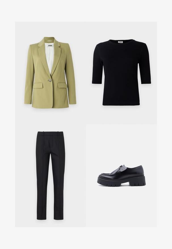 Oliven grøn blazer lavet af glat stof, med en enkelt knaplukning, notchede reverser og to forlommer.; Sort ribbet t-shirt med rund halsudskæring og trekvart ærmer. Stoffet har en glat tekstur og lige kant. Ingen synlig branding.; Sorte skræddersyede bukser med slim fit, glat front og to baglommer. Lavet af glat stof med fin syning langs sømmene.; Sort kraftig platformloafer med tyk skridsikker sål og dekorativ mærkat på snørebåndet, vist i profil på hvid baggrund.