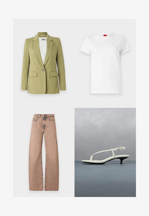 Blazer de color verde oliva hecho de una tela suave, con cierre de un solo botón, solapas con muesca y dos bolsillos frontales.; Camiseta blanca de manga corta hecha de algodón ligero. Presenta un escote redondo y mangas enrolladas. Etiqueta de logo roja en el cuello.; Jeans de pernera ancha color marrón claro, hechos de denim, con una cinturilla clásica, diseño de cinco bolsillos y textura deslavada.; Sandalia blanca de tacón kitten con tiras y punta afilada, flotando sobre un suelo de baldosas de madera al aire libre, con un fondo desenfocado de plantas y pared.