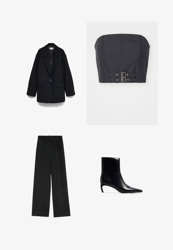 Sort enkelt knapblazer med hakkede revers, klaplommer og knapdetaljer på ærmekanter, lagt fladt på en hvid baggrund.; Sort cropped top uden stropper med struktureret bodice, der har syninge og dobbelte metalspænder foran til lukning.; Sorte brede bukser med høj talje, der har to frontfald, bæltestropper og en glat tekstur. Ingen lommer eller synligt metal.; Sort læderankelstøvle med spidse tæer og en lille, slank hæl. Glat tekstur med et strømlinet, minimalistisk design.