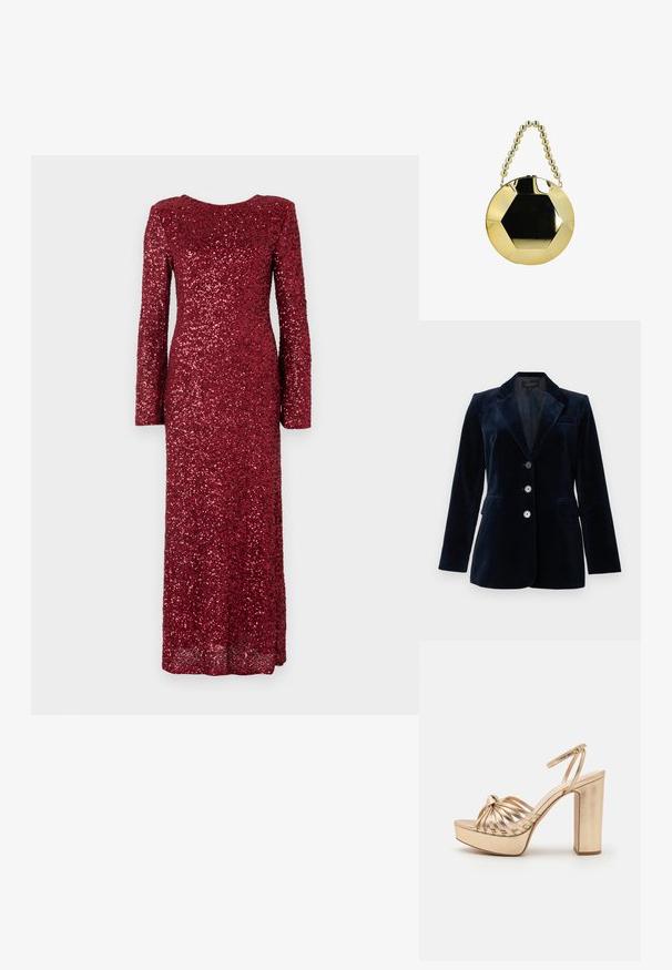Marineblå velourblazer med en notch revers, to forlommer og fire knapper. Glat tekstur med lidt glans, skræddersyet pasform.; Langærmet rød kjole dækket af palietter, med en rund halsudskæring og tætsiddende silhuet, der går ned til gulvet.; Guld strappy højhælede sandaler med et knyttet frontdesign, chunky platform og ankelrem, der har en metallisk glans og glat tekstur.; Rund guldtaske med sekskantet sort midte og perlehåndtag i guld, vist mod en hvid baggrund.