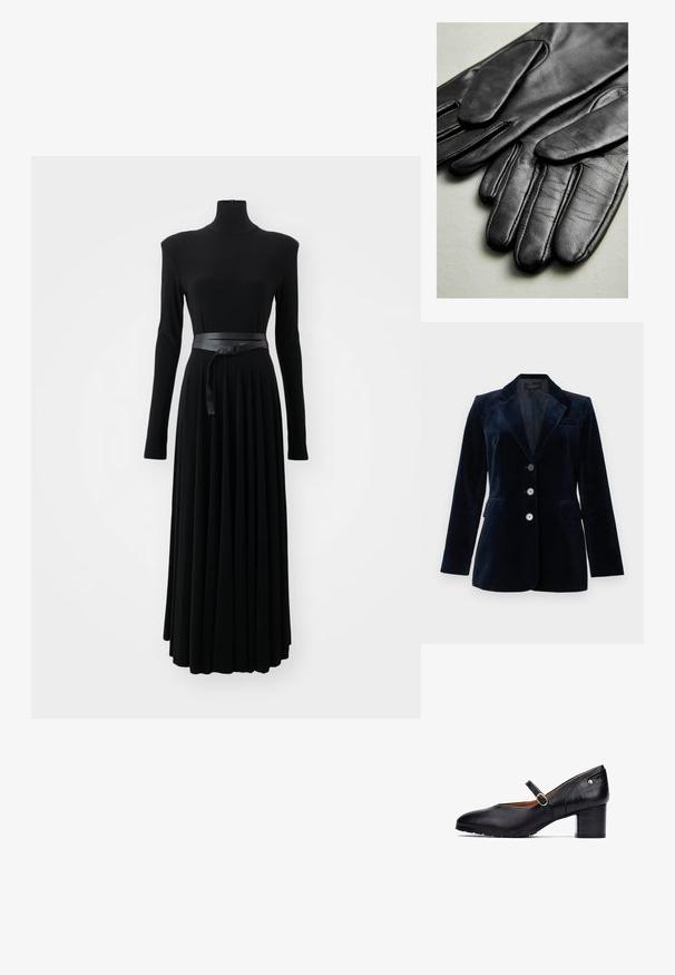 Blazer de terciopelo azul marino con solapa con muesca, dos bolsillos delanteros y cuatro botones. Textura suave con ligero brillo, corte entallado.; Norma Kamali SHOULDER PAD TURTLE FLARED DRESS TO MIDCALF - Vestido ligero - black; Zapato Mary Jane de cuero negro con punta redonda, correa al tobillo que presenta una hebilla redonda y un tacón de bloque de madera de altura media. Detalles texturizados en el tacón.; Guantes de cuero negro con textura suave, con costuras a lo largo de los dedos y un diseño ajustado. Material suave y flexible para mayor comodidad.
