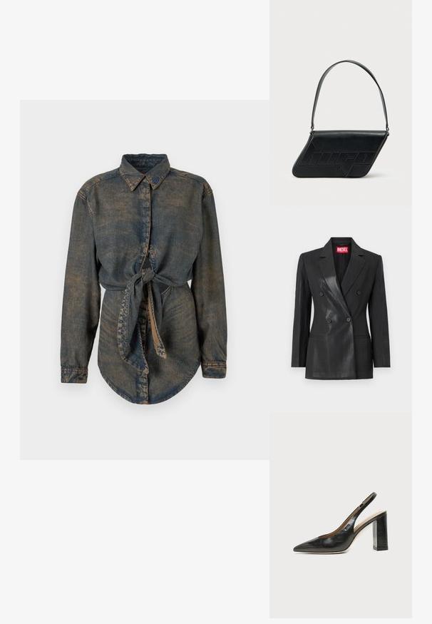 Sort dobbeltradet blazer lavet af et blankt stof. Har en spidse krave, to forlommer og sorte knapper. Rød mærke-label indeni.; Denimskjorte i mørkeblå med en let falmet finish. Har en spids krave, knaplukning og en knyttet detalje i taljen.; Sort læder peep-toe slingback sko med høj blokhæl og beige indvendig foring mod en ensfarvet lys baggrund.; Sort skuldertaske i læder med trekantet form, præget logo og en enkelt justerbar rem. Minimalistisk design med glat tekstur.