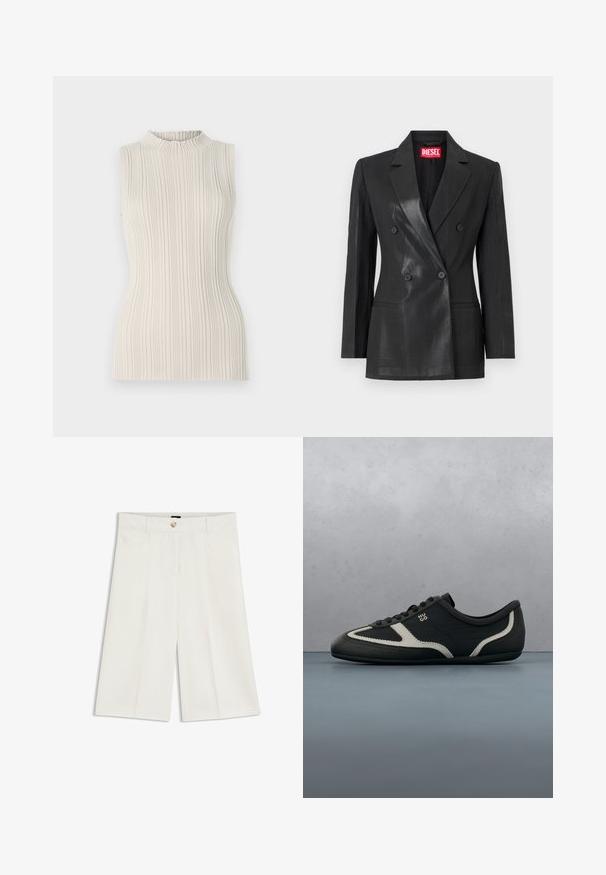 Sort dobbeltradet blazer lavet af et blankt stof. Har en spidse krave, to forlommer og sorte knapper. Rød mærke-label indeni.; Ærmeløs top i lys beige, med ribbet tekstur og en høj, samlet halsudskæring. Tætsiddende silhuet fremhæver formen.; Hvide skræddersyede knælange shorts med bæltestropper, knap foran og centrale plisseringer.; Sort sneakers med tekstureret læderoverdel, kontrasterende grå accenter, rund tå og flad sål. Har snørebånd og mærkelogo på siden.