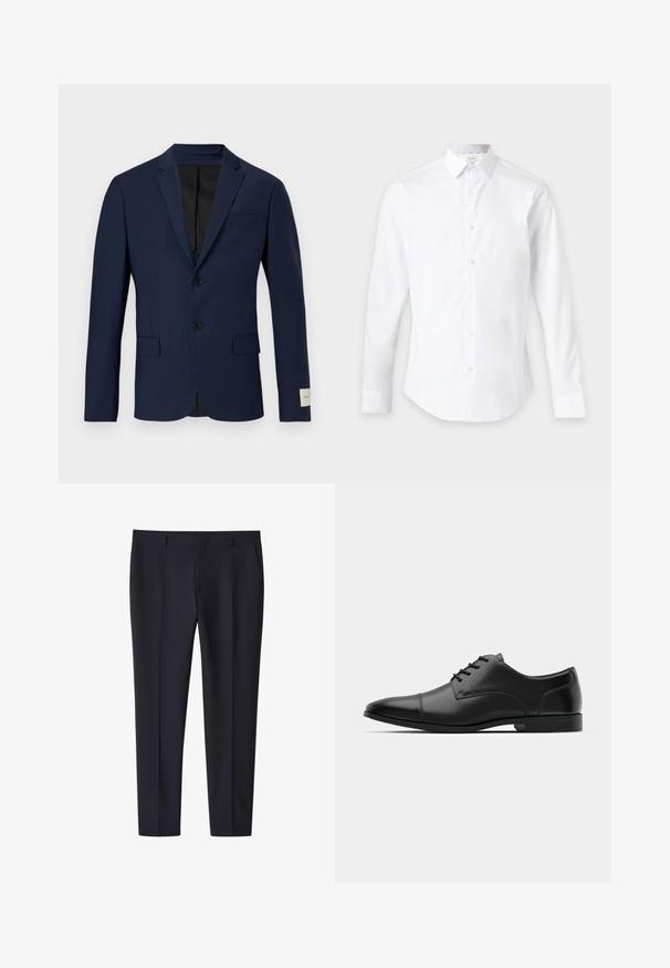 Blazer bleu marine en tissu lisse. Présente deux boutons, une poche poitrine simple et deux poches avant. Doublure intérieure noire.; Chemise blanche à manches longues avec boutons et col classique, présentée sur un fond clair uni.; Pantalon formel slim bleu marine avec passants pour ceinture et poches latérales, pli frontal, adapté pour un usage professionnel ou formel.; Chaussure habillée en cuir noir avec un bout arrondi, texture lisse, six œillets et une semelle noire basse. Présente une couture discrète sur le bout.
