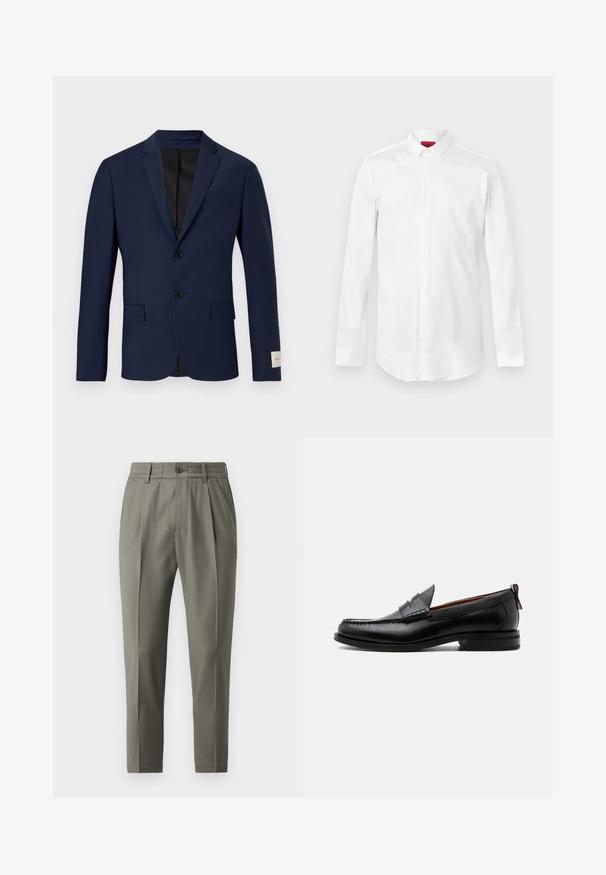 Blazer azul marino hecho de tela suave. Presenta dos botones, un bolsillo en el pecho y dos bolsillos frontales. Interior forrado en negro.; Camisa blanca de manga larga con cuello puntiagudo y tapeta de botones oculta, mostrada sobre un fondo liso y claro.; Pantalones beiges de corte recto, con cierre de botones, pliegues en la parte delantera y cinturilla elástica para mayor comodidad.; Mocasín de hombre de piel negra con costura moc toe, tira penny, cuello texturizado y tacón bajo apilado sobre fondo blanco.