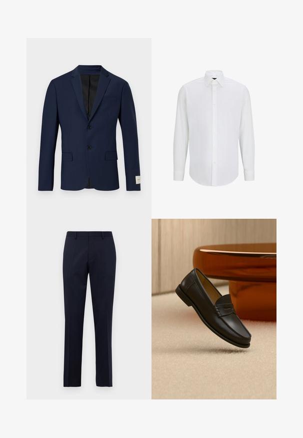 Marineblauwe blazer van gladde stof. Heeft twee knopen, een enkele borstzak en twee voorkeuzezakken. Zwarte gevoerde binnenkant.; Witte lange mouwen shirt gemaakt van gladde stof met een standaard kraag, sluiting met knopen aan de voorkant en een afgeronde zoom. Geen zichtbare patronen of accenten.; Navy blauwe slim-fit formele broeken met riemlussen en doorgestikte plooien, weergegeven tegen een effen witte achtergrond.; Zwarte leren loaferschoen zwevend boven een beige tapijt met amberkleurige moderne meubels op de achtergrond.