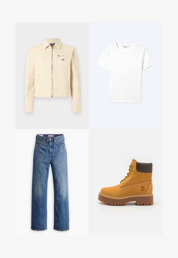 Lichtbeige jas met ritssluiting en kraag, twee schuine zijzakken en een borstzak met ritssluiting met een klein logo.; Effen wit T-shirt met korte mouwen en ronde hals met een klein "WEEKDAY" label aan de binnenkant van de hals, plat neergelegd op een lichte achtergrond.; Lichtblauwe spijkerbroek met een hoge taille, brede pijpen, klassieke vijfzakkenstijl en subtiele vervaging in de stof.; Tan waterdichte enkelboot met een stevige rubberen zool, ronde neus, bruine leren kraag, gele veters en een logo aan de zijkant.