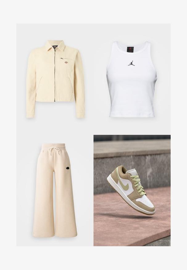Lysebeige jakke med lynlås og krave, to skrå sidelommer samt en lynlåslomme på brystet med en lille logo-patch.; Hvid cropped tanktop lavet af bomuld med ribbet tekstur. Har et sort Jordan-logo i midten og en klassisk rund halsudskæring.; Beige brede sweatpants lavet af blødt stof, med en elastisk talje med snor og et lille sort logo på siden.; Beige og hvide Nike-sneakers med lysegrønne snørebånd og swoosh, vist i luften over lyserøde betonstrin.