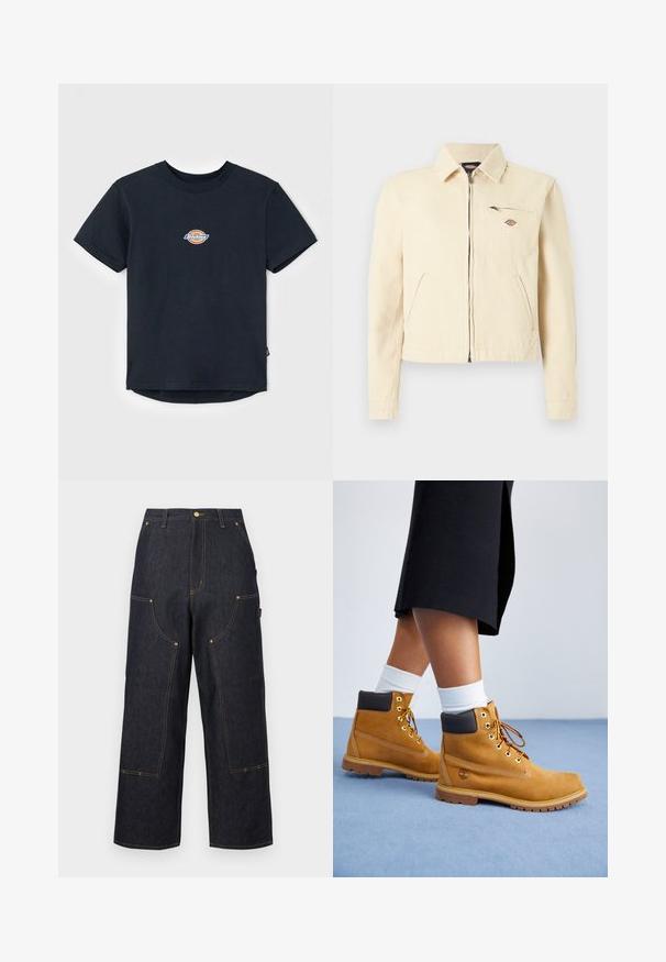Lysebeige jakke med lynlås og krave, to skrå sidelommer samt en lynlåslomme på brystet med en lille logo-patch.; Sort bomulds t-shirt med korte ærmer, rund hals og et lille flerfarvet logo på brystet. Lige kant med en let længere ryg.; Mørkeblå vidde jeansbukser med flere lommer foran, kontrastfarvet orange syning og lukning med knap i taljen.; Tan ruskindsankelstøvler med brune læderdetaljer, guldøjer og en struktureret sål. Hvide sokker synlige over støvlerne.