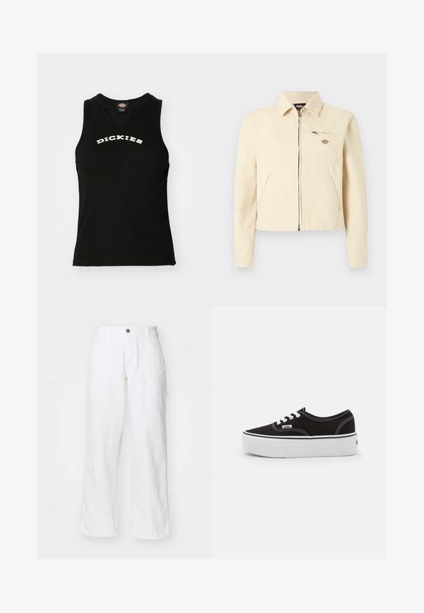 Chaqueta beige claro con cremallera, cuello, dos bolsillos laterales inclinados y un bolsillo en el pecho con cremallera que presenta un pequeño parche con el logo de la marca.; Top sin mangas negro con textura acanalada, con un logotipo blanco curvado de "DICKIES" en el pecho y un diseño de escote en V.; Pantalones de algodón blancos con un diseño de pierna recta, que cuentan con un cierre de botón, bolsillos laterales y un ajuste holgado. Textura suave.; Zapatilla de lona negra con suela de plataforma de goma blanca, que presenta cordones y costuras blancas, con branding icónico en el lateral, diseño de corte bajo.