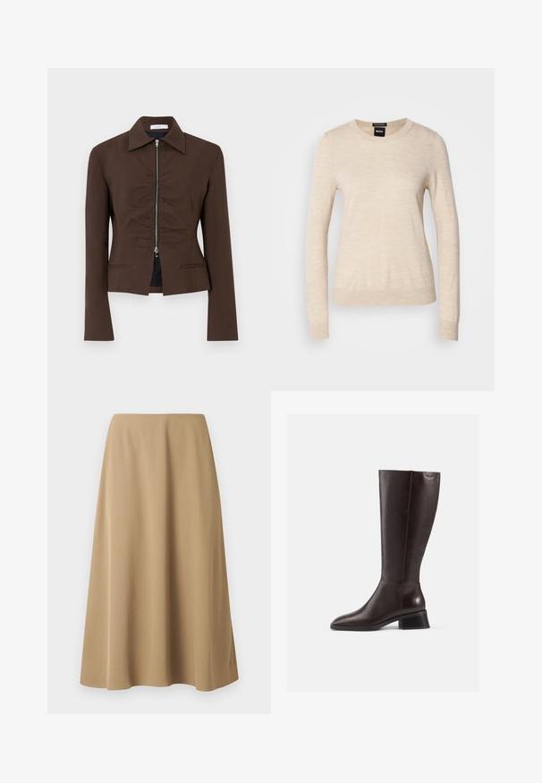 Tumepruun istuv jakk krae ja pikkade varrukatega, esiküljel lukk ning kerge kogumise detail lukuliini ääres.; BOSS FERPINA - Džemper - light beige; Beež A-lõike midi-seelik, millel on sile kangas ja peened õmblused, loodud puhta ja voolujoonelise istuvuse jaoks.; Põlvikud pruunist nahast, ulatudes põlvedeni, siledaga viimistlusega, ümarate varvastega ja musta kiilukontsaga. Lihtne disain koos minimaalsete riistvaradetailidega.