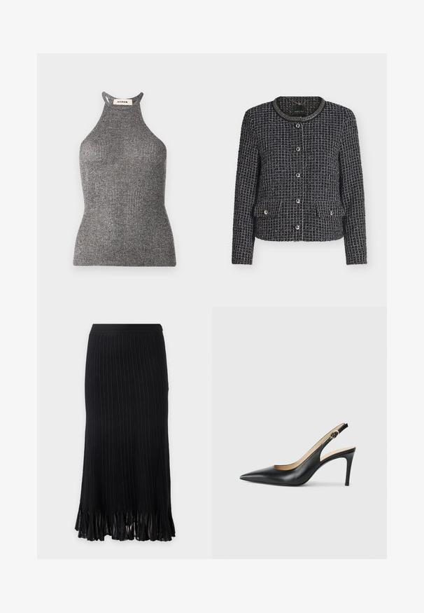 Veste en tweed noir et blanc avec un col rond, des manches longues, des boutons sur le devant et deux petites poches avant avec boutons.; Top halter gris en textile côtelé, présentant une silhouette ajustée et un col montant avec des côtés ouverts. Étiquette de la marque visible au niveau du cou.; Jupe midi noire avec côtes verticales et ourlet à franges, en tissu léger.; Escarpins en cuir noir avec une pointe fine, une bride ajustable et un talon aiguille élégant, présentant une finition lisse.