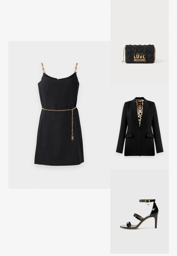 Sort blazer med skræddersyet design, enkelt knaplukning, to forlommer og leopardmønsterfor. Glat stof og struktureret form.; Sort ærmeløs kjole med guld kædetræk og guld kæde bælte. Glat stof, tætsiddende design og en subtil V-halsudskæring.; Sorte patenterede lædersandaler med tre stropper, ankelspænde og 10 cm stiletthæl. Har detaljer i guld og et logo charms.; Sort quiltet crossbody taske med guldkæde-rem og stort guld "LOVE MOSCHINO" logo foran.