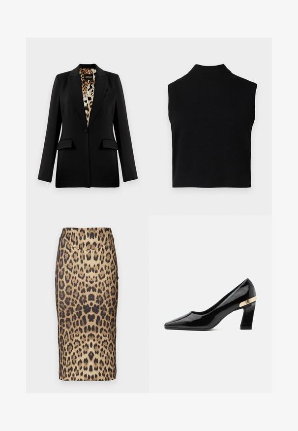 Sort blazer med skræddersyet design, enkelt knaplukning, to forlommer og leopardmønsterfor. Glat stof og struktureret form.; Sort ærmeløs turtleneck-top med en tætsiddende pasform, lavet af blødt stof, med en ribbet halsudskæring og en glat overflade.; Leopardprint blyantnederdel med en tætsiddende design, mellemhøj talje og glat tekstur. Mønsteret består af varierede brune og sorte pletter.; Sort laklæder pumps med spids tå, blokhæl og guldfarvet metalaccent bagpå.