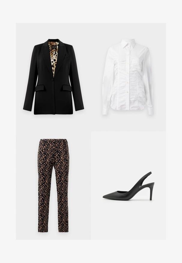 Sort blazer med skræddersyet design, enkelt knaplukning, to forlommer og leopardmønsterfor. Glat stof og struktureret form.; Hvid skjorte med lange ærmer, der har en rynket tekstur på fronten, små gyldne knapper og en klassisk krave.; Slim-fit bukser i et zigzag mønster, marineblå og tan farver, med en glat overflade og en standardtalje.; Sorte læder slingback høje hæle med spids tå-design, der har en udskæring fortil og en tynd stiletto-hæl.