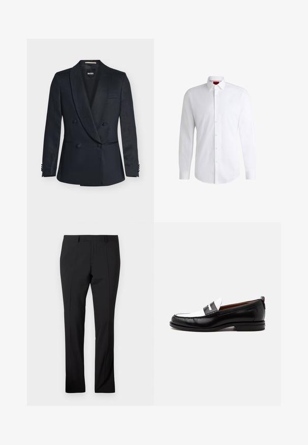 Schwarzer zweireihiger Blazer mit Satin-Spitzenrevers, vier vorderen Knöpfen, zwei unteren Taschen und einer Brustleistentasche mit dem Etikett „BOSS“ innen.; Weißes Herrenhemd aus glattem Stoff mit klassischem Kragen, langen Ärmeln und abgerundetem Saum. Mit eleganten beigen Knöpfen an der Vorderseite.; Schwarze maßgeschneiderte Hose mit Gürtelschlaufen, vorderer Bügelfalte und geradem Beinaufschnitt auf einem schlichten weißen Hintergrund.; Schwarz-weißer Lederloafer mit genähten Details, niedrigem Absatz und einem Slip-On-Design, seitlich auf neutralem Hintergrund gezeigt.
