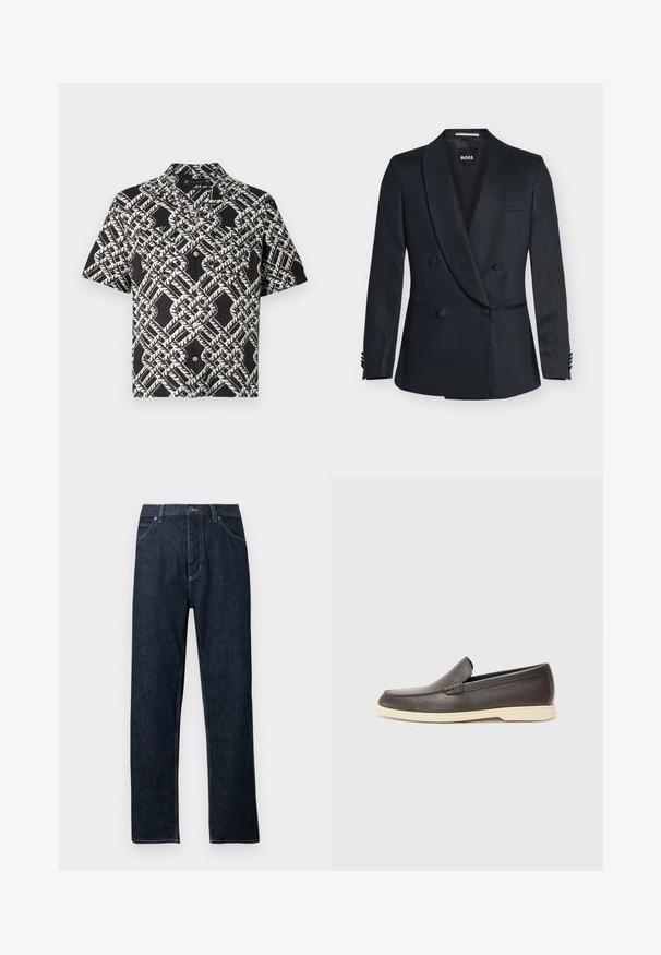 Sort dobbeltradet blazer med satin peak revers, fire knapper foran, to nederlommer og en brystlomme med mærket "BOSS" indeni.; Sort kortærmet skjorte med knapper og hvid abstrakt geometrisk bladmønster samt to brystlommer.; Mørk denimbukser med lige ben pasform, fem lommer, blå syningsdetaljer og knaplukning. Rene, uden synlige mønstre.; Brune læder slip-on sko med en struktureret overflade og en kontrasterende lys beige sål, der har en rund tå og minimal syning.