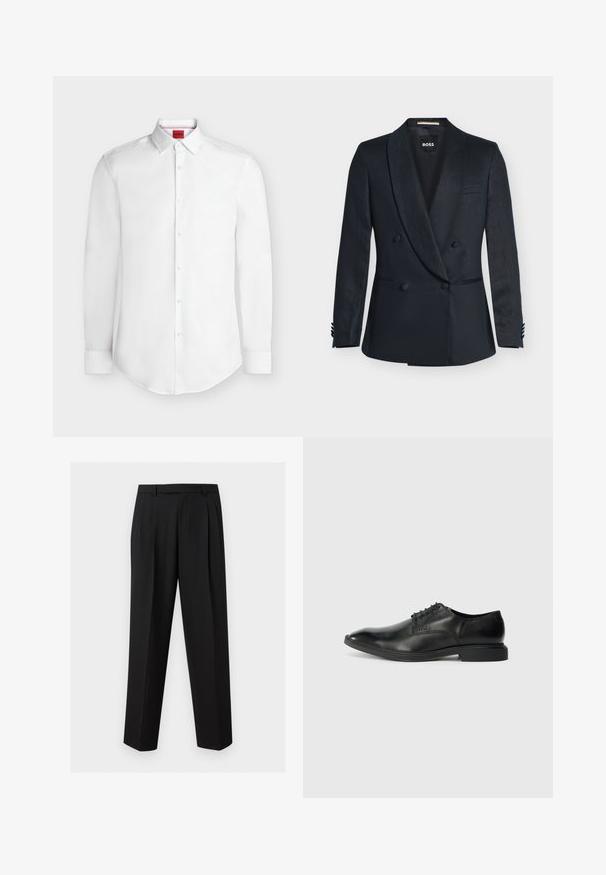 Blazer noir à double boutonnage avec revers en satin à pointe, quatre boutons devant, deux poches basses et une poche poitrine passepoilée, étiqueté "BOSS" à l'intérieur.; Chemise blanche à manches longues avec boutons, col pointu et étiquette rouge de la marque Hugo à l'intérieur du col.; Pantalon noir sur mesure avec jambes droites, plis à la taille, passants de ceinture et poches latérales fendues, présenté sur un fond uni.; Chaussure habillée en cuir noir avec une texture lisse, bout pointu, design à lacets à six œillets et un petit talon rectangulaire. Détail de marque subtil sur le côté.
