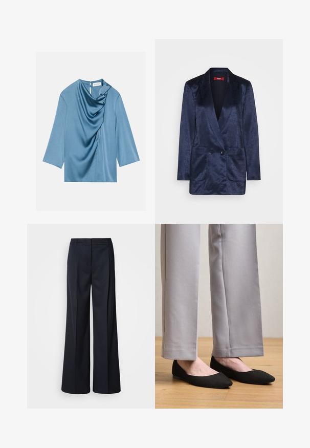 Marineblauwe blazer met een satijnen afwerking, met een gelidde revers, dubbele knopen en twee voorzakken. Strakke, gestructureerde vormgeving.; Blauwe satijnen blouse met een gedrapeerde voorkant, ronde halslijn en driekwartmouwen. Soepele textuur met een subtiele glans en een sleutelgatdetail aan de achterkant.; Wijde broekspijpen in donker marineblauw, gemaakt van gladde stof. Voorzien van een getailleerde tailleband en voorplooien, ontworpen voor een ontspannen pasvorm.; Zwarte suède ballerina's met een puntige neus, gedragen bij grijze broek, met een eenvoudige, gladde textuur en minimale accenten.