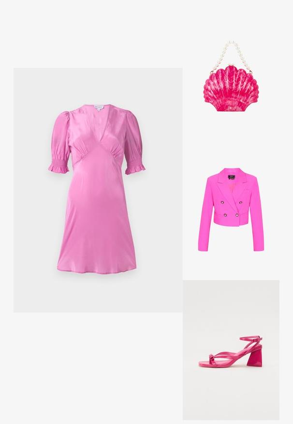 Gekürzter, leuchtend pinker zweireihiger Blazer mit langen Ärmeln und vier dekorativen Knöpfen, ausgestattet mit breiten Revers und einer taillierten Passform.; Rotes Satin-Kleid mit kurzen Puffärmeln, einem V-Ausschnitt und gerafften Details an der Brust und den Ärmelsäumen. Glatte, glänzende Textur.; Rosa Lackleder-Sandaletten mit Absatz, rechteckiger Zehenpartie, schmalen Riemen und geometrischem Blockabsatz. Mit einer Schnallenverzierung am Riemen.; Helles pinkfarbenes handtaschen in Muschelform mit marmoriertem Muster und einem Griff aus großen weißen Perlen.