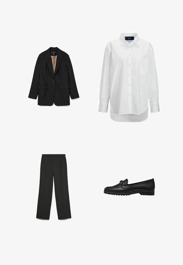 Blazer negro de un solo botón con solapas con muesca, bolsillos con solapa y forro interior de satén beige visible.; Camisa blanca de manga larga en algodón suave con cuello abotonado, bolsillo frontal y dobladillo curvado. Cuenta con un canesú en la parte posterior para mayor estructura.; Pantalones de pierna ancha negros, hechos de tela suave; cuentan con un cierre de botón, parte delantera plana y dos bolsillos laterales. Diseño ajustado, sin patrones.; Mocasines de cuero negro con un acento trenzado en la parte delantera, suela de goma plana y detalles de costura a lo largo del borde.