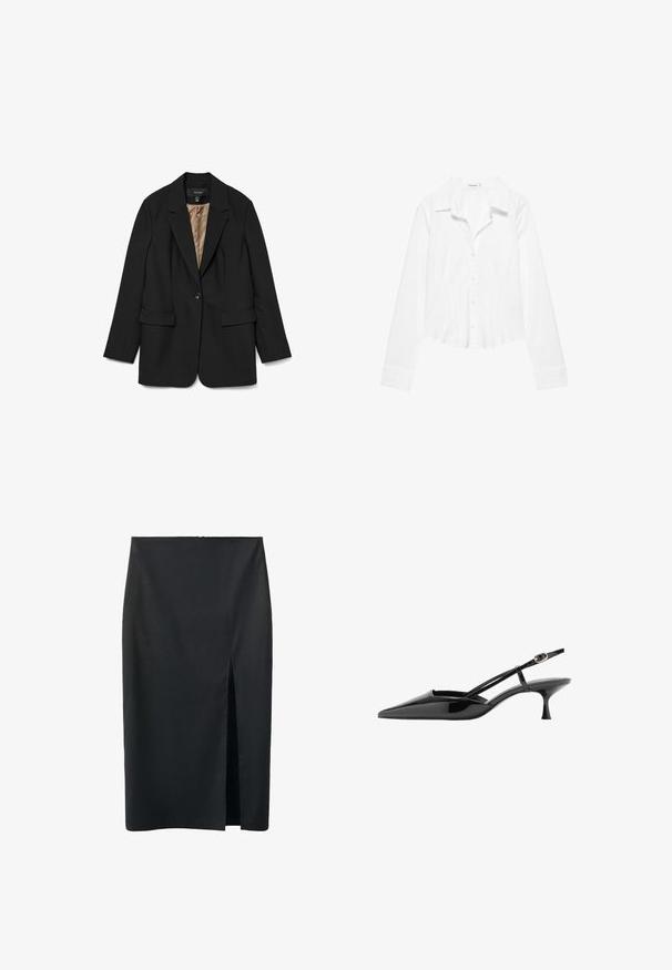 Blazer noir à un seul bouton avec revers en pointe, poches à rabat et doublure en satin beige visible à l'intérieur.; Chemise blanche à manches longues avec col, taille légèrement cintrée et poignets boutonnés, présentée sur fond blanc.; Jupe crayon noire longueur genou avec une fente centrale à l'avant, en tissu lisse, conçue pour une silhouette ajustée.; Chaussure noire en cuir verni à bout pointu, talon kitten, fine bride à la cheville avec boucle dorée.