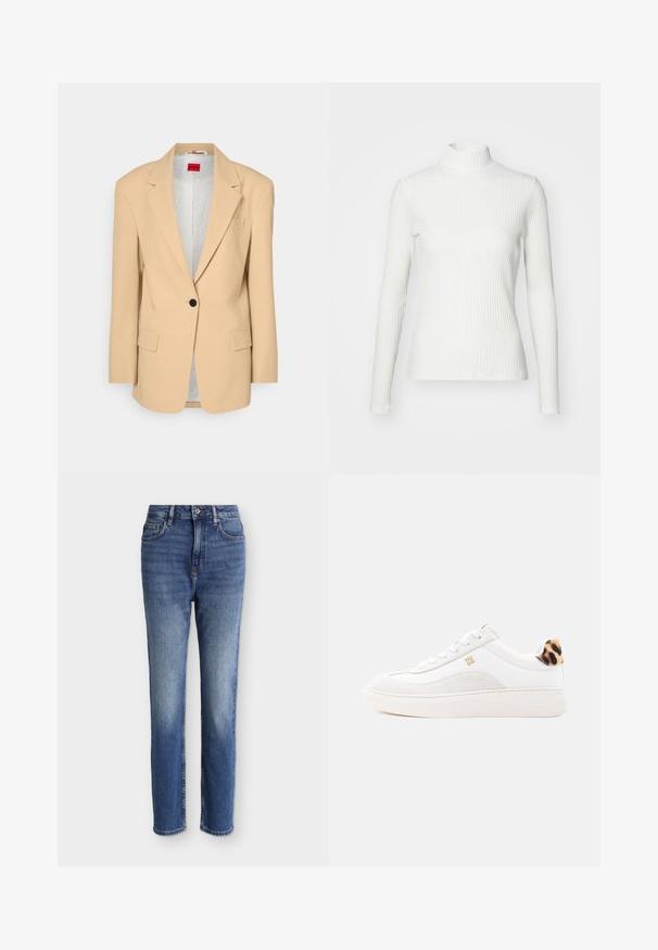 HUGO AGURA - Manteau court - open beige; Haut col roulé blanc à côtes avec des manches longues, fabriqué en tissu extensible. Présente un design ajusté et un encolure haute pour plus de couverture.; Jean bleu moyen taille haute à coupe droite avec poches avant, passants de ceinture, fermeture par bouton, et détails légèrement délavés sur les cuisses et les genoux.; Baskets basses blanches à lacets, logo "HUGO" doré sur le côté, et détail imprimé léopard sur la languette du talon.