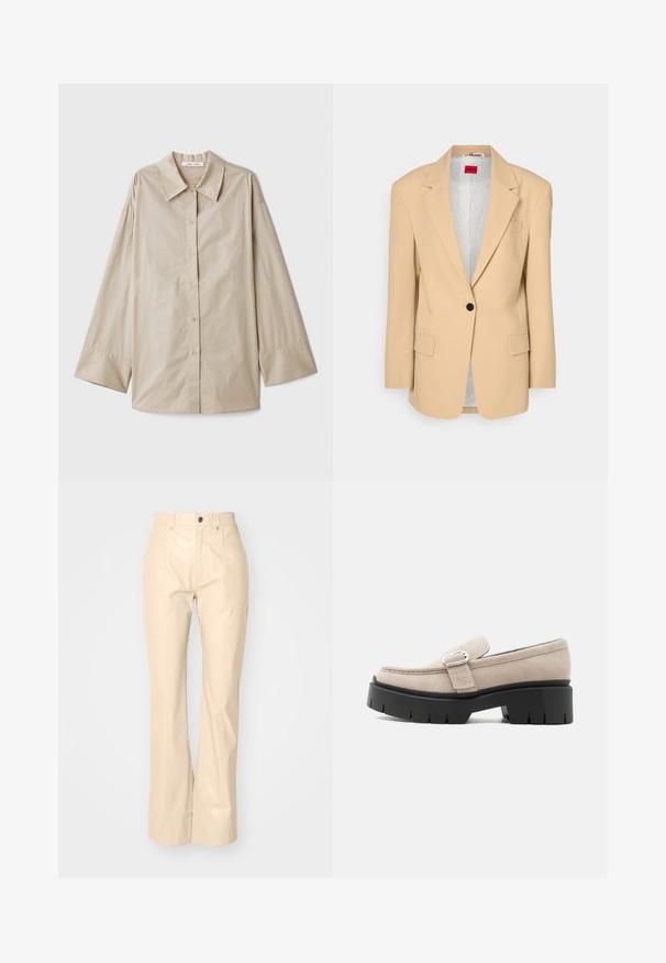 HUGO AGURA - Manteau court - open beige; Chemise beige à manches longues avec un grand col pointu, fermeture à boutons, et larges poignets. Fabriquée dans un tissu lisse et léger.; Pantalons évasés en simili cuir beige avec une texture lisse, dotés de poches avant, d'une fermeture à bouton et d'une finition légèrement brillante.; Mocassin en daim beige avec boucle argentée et semelle épaisse noire, vue de côté sur fond blanc.