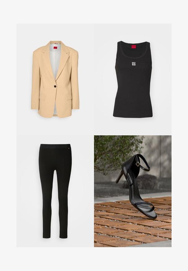 HUGO AGURA - Korte frakker - open beige; Sort tanktop lavet af bomuld med rund halsudskæring og uden ærmer. Har hvid "HUGO" logo i midten. Enkel og tætsiddende design.; Sorte leggings med en glat tekstur, featuring en fleksibel talje og diskret sømdetalje. Ingen mønstre eller hardware er til stede.; Sort højhælet sandal med ankelsnor, der ser ud til at svæve over et trægulv udendørs med sløret grønt og sten i baggrunden.
