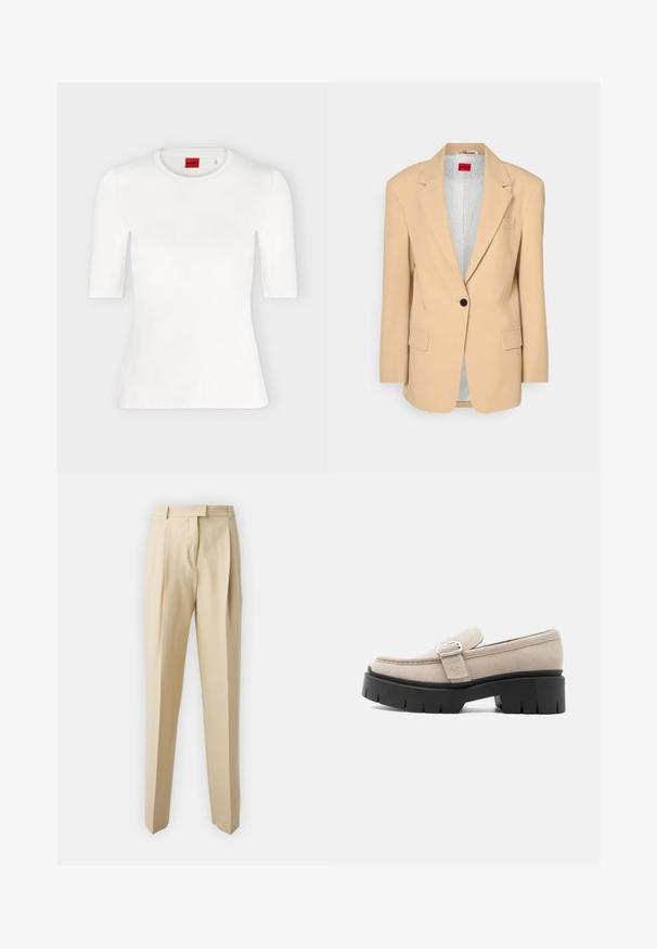 HUGO AGURA - Manteau court - open beige; T-shirt blanc ajusté à manches courtes avec col rond et étiquette de marque rouge à l'intérieur du col.; Pantalons beiges ajustés avec une coupe droite, dotés de plis, d'une ceinture et d'une texture lisse. Pas de poches visibles ni d'ornements.; Mocassin en daim beige avec boucle argentée et semelle épaisse noire, vue de côté sur fond blanc.