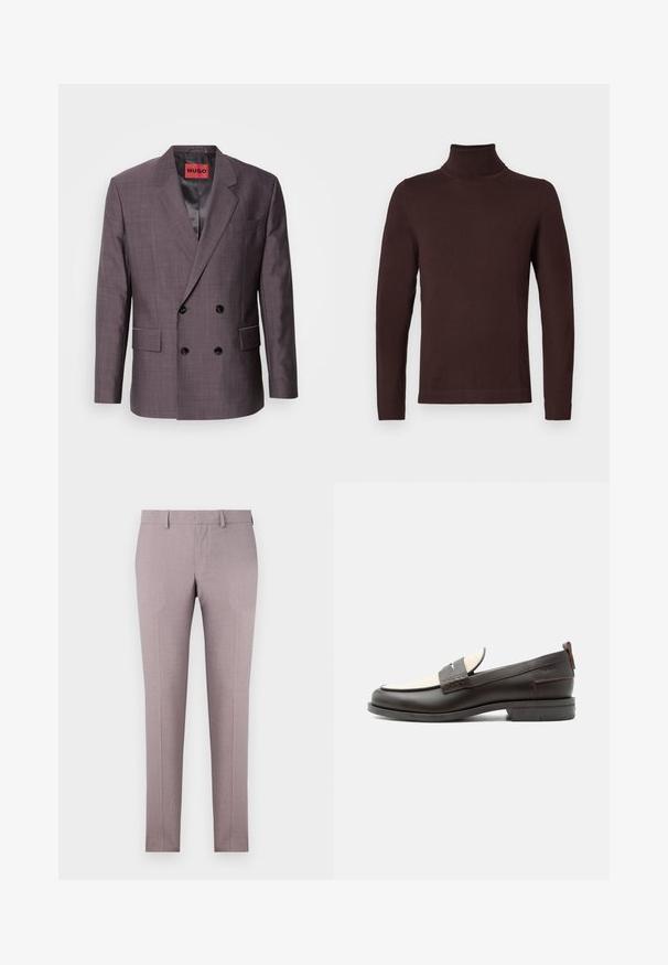 Blazer para hombre de doble botonadura en un tejido texturizado de color malva oscuro, con botones negros y forro interior de satén. Solapas con muesca y bolsillos frontales.; Suéter de punto de color marrón oscuro con cuello alto y corte ajustado, presentado sobre un fondo blanco liso.; Pantalones a medida en tela de lavanda clara, con una textura suave, frontales planos y diseño de pierna recta. Sin patrones ni acentos visibles.; Mocasín para hombre de cuero marrón oscuro con panel de tela crema y detalle clásico de correa cosida, suela plana y asa en el talón.
