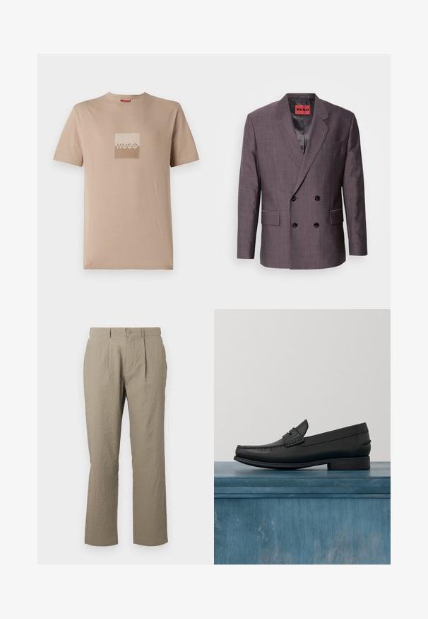 Blazer para hombre de doble botonadura en un tejido texturizado de color malva oscuro, con botones negros y forro interior de satén. Solapas con muesca y bolsillos frontales.; Camiseta beige hecha de algodón, con un logo cuadrado en tonos blancos y marrones claros. Mangas cortas, cuello redondo, corte estándar.; Pantalones beige con una superficie texturizada, con un corte recto, pliegues en la parte delantera y un cierre de un solo botón en la cintura.; Mocasines de cuero negro con punta redonda, costuras detalladas y un tacón cuadrado bajo. Textura suave y diseño minimalista.