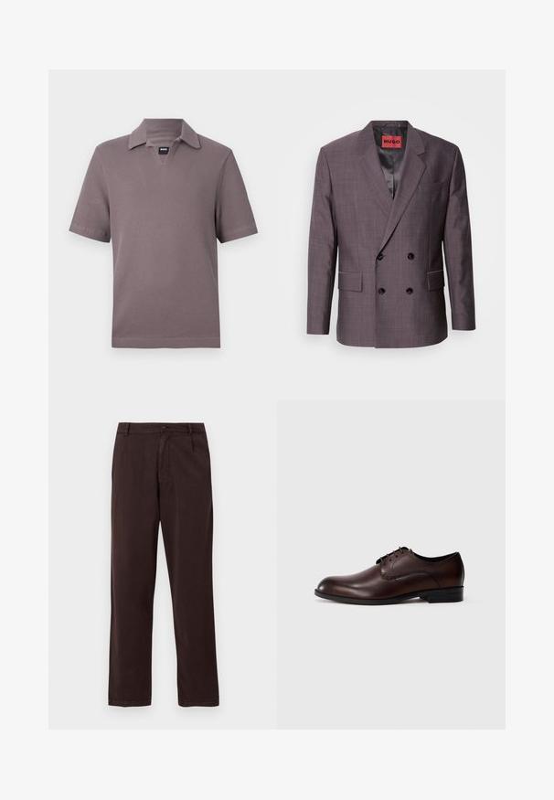 Blazer homme à double boutonnage en tissu texturé mauve foncé, avec des boutons noirs et une doublure intérieure en satin. Revers à cran et poches avant.; Polo manches courtes mauve en tissu texturé avec une petite étiquette noire "BOSS" au col en V.; Pantalon droit marron foncé avec fermeture par bouton et zip, passants de ceinture et poches latérales, présenté sur un fond blanc.; Chaussure habillée en cuir marron pour homme, à lacets, semelle noire, talon bas, finition lisse sur un fond uni.