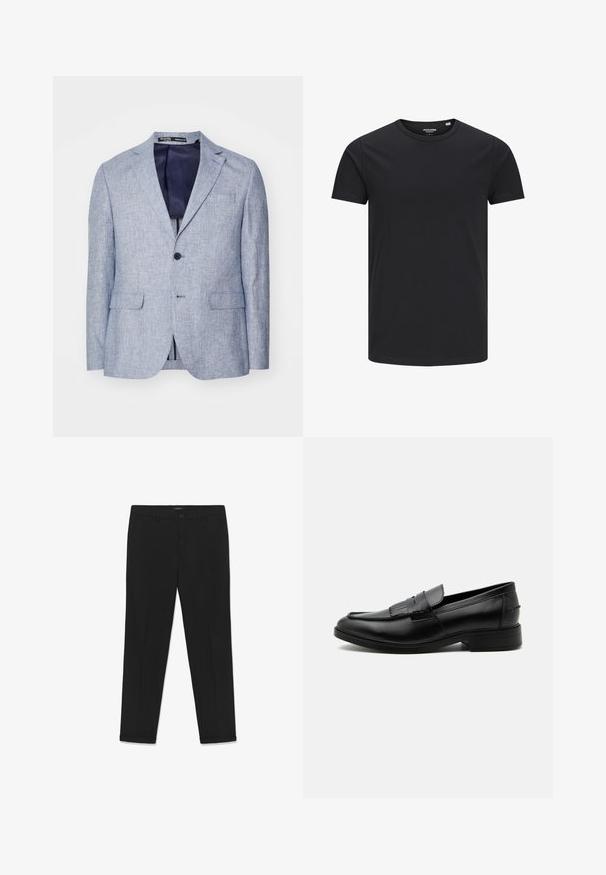 Blazer pour homme en bleu clair texturé avec revers en pointe, deux poches avant à rabat, fermeture à un bouton, et doublure intérieure bleu foncé visible.; T-shirt en coton noir avec un col rond, des manches courtes et un design simple. Texture lisse, sans motifs ni éléments visibles.; Pantalon noir en tissu lisse, à coupe ajustée, avec devant plat, deux poches latérales et une fermeture à bouton à la taille.; Mocassin homme en cuir noir avec détail pompon, bout arrondi, talon bas et finition polie lisse, montré de profil sur fond blanc.