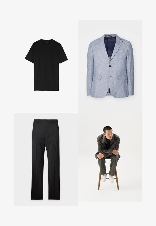 Heller blauer, strukturierten Herrenblazer mit Reverskragen, zwei vorderen Klappentaschen, Ein-Knopf-Verschluss und dunkelblauer Innenauskleidung, die sichtbar ist.; Schwarzes T-Shirt mit kurzen Ärmeln aus Baumwolle. Verfügt über einen klassischen Rundhalsausschnitt und ein einfaches, ungeschmücktes Design.; Schwarze, maßgeschneiderte Anzugshosen mit Gürtelschlaufen, Vorderentaschen und Bügelfalte an jedem Bein, flach auf weißem Hintergrund dargestellt.; Junger Mann in dunkler Lederjacke und Jeans sitzt auf einem Holzstuhl, lehnt sich mit verschränkten Armen nach vorne und schaut seitlich vor weißem Hintergrund.