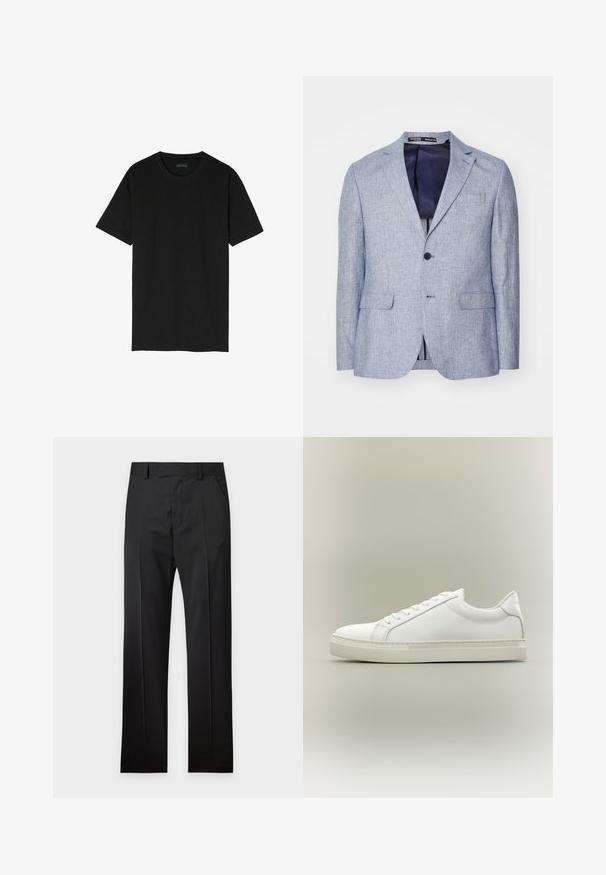 Lyst blå tekstureret herreblazer med spidse lapeller, to forreste klaplommer, enkeltknaplukning og mørkeblåt indfældet foer synligt.; Sort kortærmet t-shirt lavet af bomuld. Har en klassisk rund hals og et enkelt, udekoreret design.; Sorte skræddersyede bukser med bæltestropper, forlommer og en presset fold ned langs hvert ben, vist fladt mod hvid baggrund.; Hvid lavtop sneaker med snørebånd foran og tyk sål, vist fra siden mod en neutral baggrund.