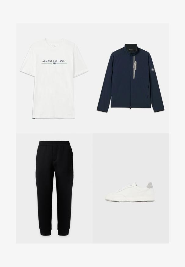 Veste légère bleu marine avec un col montant, fermeture éclair et des détails argentés sur la poche avant et l'épaule. Texture lisse.; T-shirt en coton blanc à manches courtes, avec un logo "ARMANI EXCHANGE" bleu et vert et "1991" centré en dessous.; Pantalon de jogging noir ajusté avec taille et poignets élastiques, poches latérales et logo discret sur la cuisse droite sur fond uni.; Baskets basses blanches avec un onglet de talon gris, des lacets blancs et une semelle texturée, présentées sur un fond uni clair.