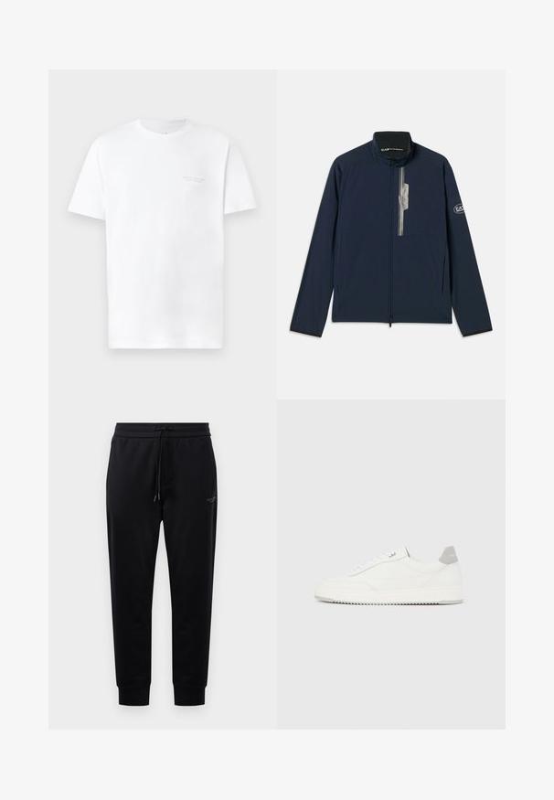Chaqueta ligera azul marino con cuello alto, cierre de cremallera y detalles plateados en el bolsillo delantero y el hombro. Textura suave.; Camiseta de algodón blanca con mangas cortas, cuello redondo, con un sutil estampado de logo gris en la zona del pecho izquierdo y una textura suave.; Pantalones de chándal negros con cintura ajustable, bolsillos laterales y puños acanalados. Hechos de una tela suave, con un sutil detalle del logo en el muslo.; Zapatilla blanca de corte bajo con pestaña en el talón gris, cordones blancos y suela texturizada, presentada sobre un fondo claro y liso.