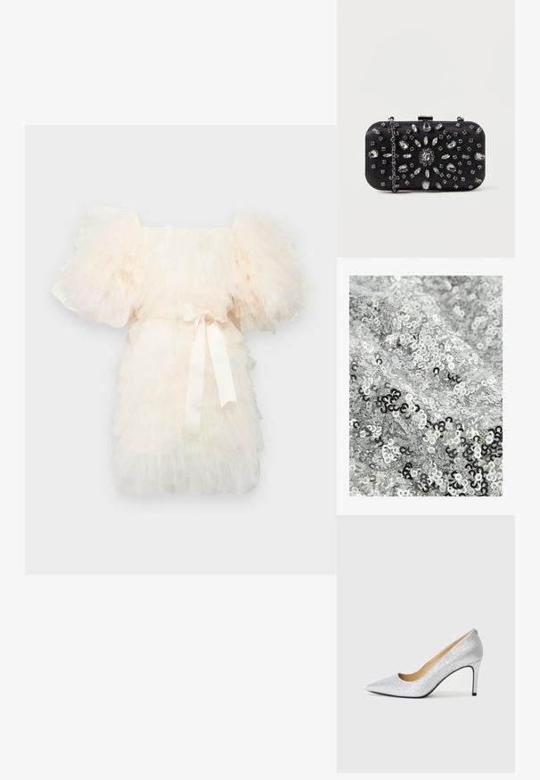 Hõbedane litritega kangas, millel on sile tekstuur ja mis sisaldab läikivate ja mati litrite segu tihedas, kattuvast mustris.; Ida Sjöstedt EXCLUSIVE CRYSTAL DRESS - Kokteilikleit/peokleit - ivory; Hõbedane sädelev kõrge kontsaga king, millel on terav nina ja sile sisepind. Konts on õhuke, mis täiustab elegantselt voolavat disaini.; Mustvalge käekott, millel on ristküliku kuju, kaunistatud erinevate sädelejate lillemustriga, ning hõbedane keti kandmine.