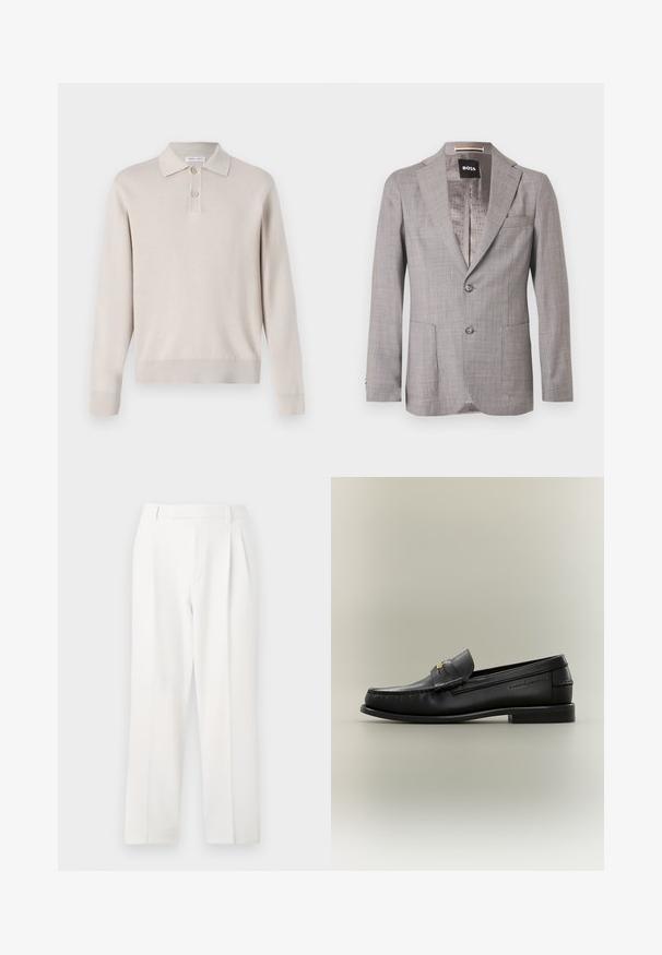 Lichtgrijs op maat gemaakt herenblazer met inkeping revers, twee knopen aan de voorkant, opgestikte zakken en een patroonvoering met het label "BOSS".; Lichtbeige poloshirt met lange mouwen, gemaakt van zachte stof. Voorzien van een kraag, een drieknoopsluiting en ribgebreide manchetten en zoom.; Witte op maat gemaakte broeken met een recht model, voorzien van plooien, een platte voorkant en een gladde stofstructuur. Geen zichtbare zakken of accenten.; Zwarte leren instapschoen met lage hak, gouden gespdetail en geperste merknaam aan de zijkant tegen een neutrale achtergrond.