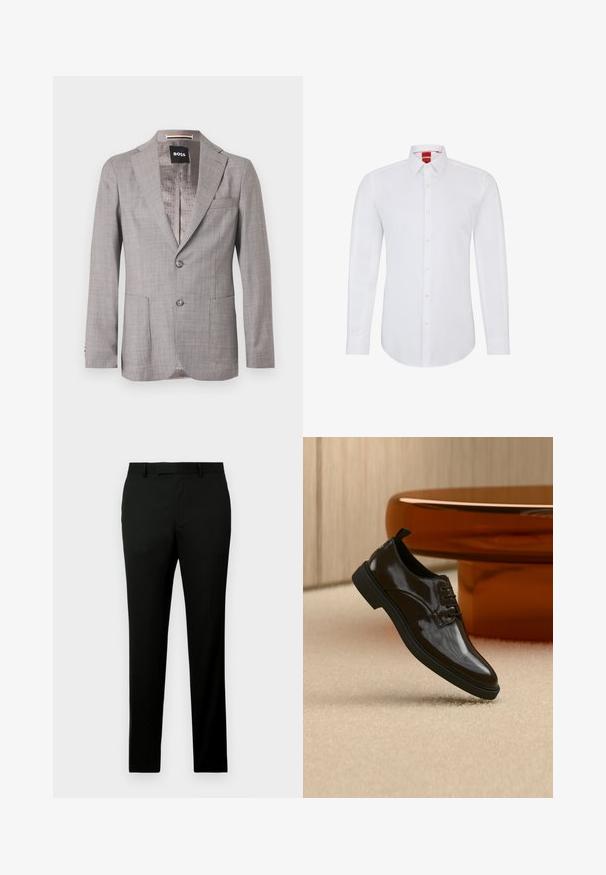 Lichtgrijs op maat gemaakt herenblazer met inkeping revers, twee knopen aan de voorkant, opgestikte zakken en een patroonvoering met het label "BOSS".; Witte langemouwen blouse met een geknoopt kraagje, voorzien van een knoopsluiting aan de voorkant en zachte, gladde stof. Geen patronen of accenten zichtbaar.; Zwarte broek met een rechte pijp, gemaakt van een gestructureerde stof, met ceintuurlussen en zijzakken. Eenvoudig, strak ontwerp.; Zwarte glanzende leren veterschoen zwevend boven een beige tapijt met een glanzende bruine ronde tafel op de achtergrond.