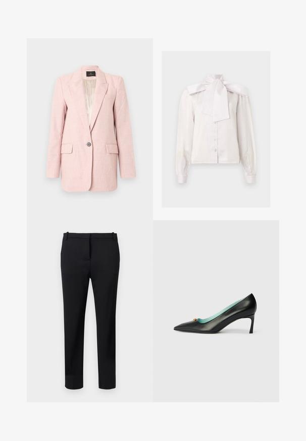 Blazer femenino de color rosa claro con solapas con muesca, cierre de un solo botón, dos bolsillos delanteros con solapa y un forro beige suave.; Blusa blanca de manga larga con botones, con sutiles rayas verticales y un gran lazo en el cuello alto.; Pantalones negros ajustados de vestir con trabillas, pliegue frontal y silueta entallada sobre un fondo claro.; Zapato de tacón alto de cuero negro con punta afilada, interior azul claro y detalle de acento dorado en la parte superior. Textura suave.