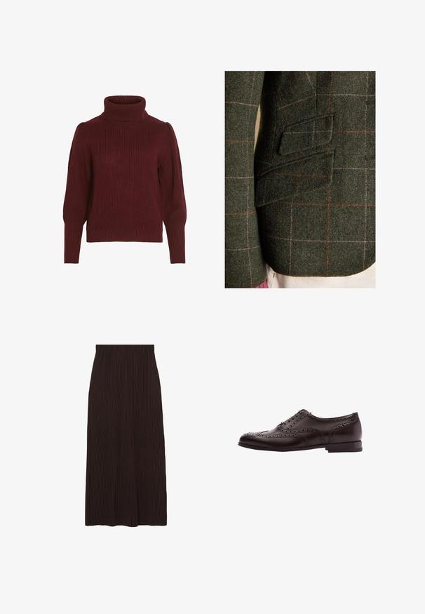 Primer plano de blazer de lana verde con patrón a cuadros rojo y rosa y dos bolsillos con solapa en el costado sobre pantalones blancos.; Suéter de punto burdeos con cuello alto, textura acanalada, mangas largas y detalles fruncidos en los hombros.; Falda marrón acanalada de corte midi y cintura elástica. La tela tiene una superficie texturada con rayas verticales.; Zapato de vestir de cuero marrón con detalles de brogue, cierre con cordones, puntera redondeada y un tacón bajo apilado. Acabado pulido y perforaciones intrincadas.