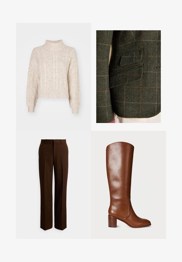 Close-up af grøn ulden blazer med rød og pink ternet mønster og to klaplommer på siden over hvide bukser.; Cremefarvet cropped sweater med høj hals, der har et tekstureret kabelstrikket mønster og lange, let puffede ærmer.; Brune skræddersyede bukser med et lige ben design, lavet af glat stof, med folder og en standard talje med bæltestropper.; Brune læder knæhøj støvle med blokhæl, glat tekstur, subtil syning og rund tå. Ingen synlig hardware eller dekorationer.
