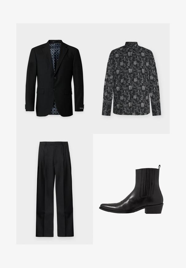 Blazer noir pour homme avec revers à crans, deux boutons sur le devant, poches à rabat, et une doublure intérieure à motif géométrique.; Chemise noire à manches longues avec des dessins esquissés blancs de bâtiments, d’oiseaux, de textes manuscrits et de formes abstraites sur toute la surface.; Pantalon droit noir sur mesure avec passants pour ceinture, fermeture éclair à l'avant et poches latérales sur un fond blanc uni.; Bottine noire en cuir avec un bout pointu, des panneaux latéraux élastiques, des accents de coutures verticales et un petit talon bloc.