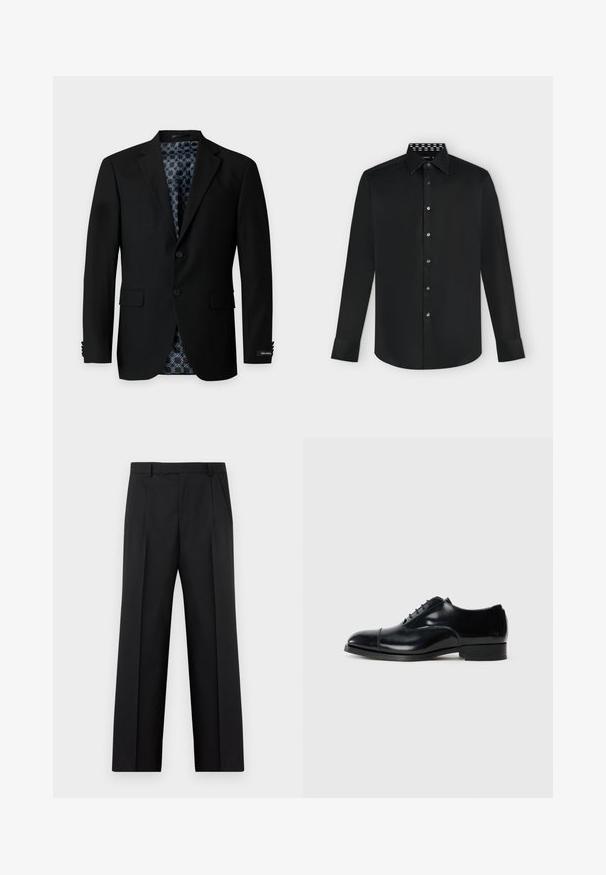 Blazer noir pour homme avec revers à crans, deux boutons sur le devant, poches à rabat, et une doublure intérieure à motif géométrique.; Chemise noire à manches longues boutonnée avec col classique, doublure intérieure blanche à motifs et boutons noirs sur le devant.; Pantalon noir habillé à jambes droites avec plis avant, poches latérales et taille avec passants de ceinture, présenté à plat sur un fond blanc.; Chaussure de ville en cuir noir avec une finition polie, bout rond, design à lacets et un petit talon empilé, présentant un détail de couture subtil.