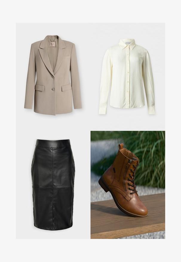 Beige damesblazer med knaphuller, to forlommer med klap, to knapper og Guess-mærke inde i kraven.; Langærmet cremefarvet bluse med spids krave og knapper foran, vist på ensartet baggrund uden mønstre eller yderligere genstande.; Sort lædernederdel med en glat tekstur, der har en høj talje og syninger, der skaber en diskret, struktureret form.; Brun læderankelstøvle med lynlås på siden og snørebånd, placeret på en træoverflade udendørs med sløret grønt område i baggrunden.
