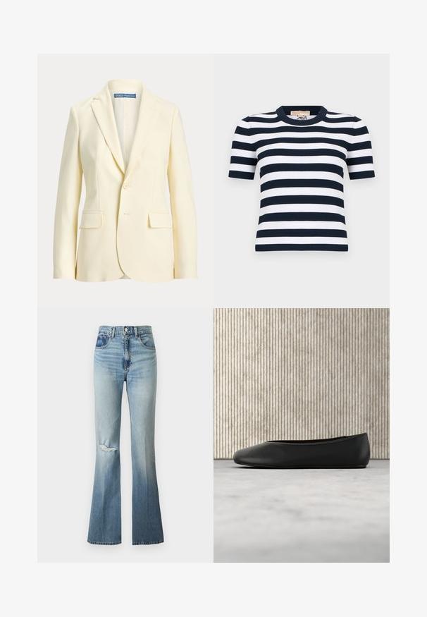 Blazer de mujer color crema con un solo botón, solapas con muesca y bolsillos delanteros con solapa, etiquetado Polo Ralph Lauren.; Top de punto acanalado de manga corta con rayas horizontales en azul marino y blanco y escote redondo.; Vaqueros denim azul celeste de tiro alto con ligero desgaste, detalle desgastado en la rodilla izquierda y perneras acampanadas.; Bailarinas de cuero negro con punta redondeada, textura suave y un acento de logo dorado en el costado. Posicionadas sobre una superficie reflectante.
