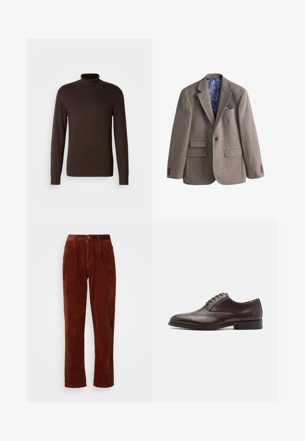 Bruine blazer met visgraatmotief, ingesneden revers, drie klepzakken, enkeknoopsluiting en blauwe bloemenprint binnenvoering en pochet.; Bruine coltrui van zacht materiaal, met lange mouwen en een ribgebreide kraag. Glad oppervlak met een aansluitend ontwerp.; Katoenen corduroy broek in een rijke bruine kleur; heeft een geplooide voorkant, rechte pijpen en een knoopsluiting bij de taille.; ALDO DONALD - Zakelijke veterschoenen - dark brown